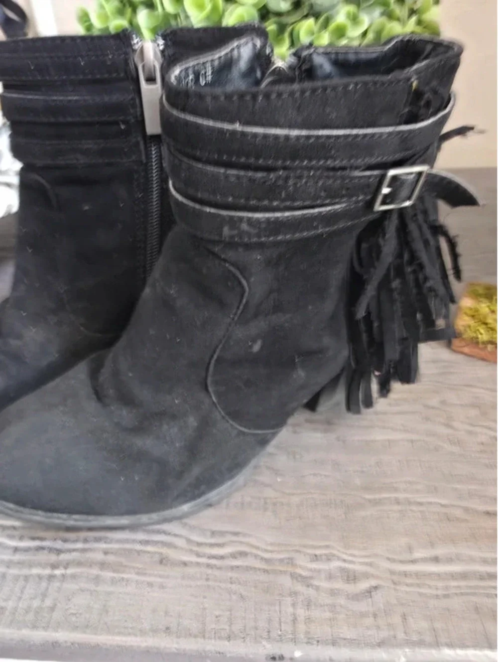 Size 6 black booties with fringe